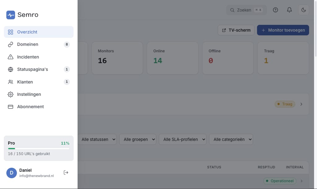 Het Semro-dashboard Het Semro-dashboard: overzicht van alle checks met status, responstijd en incidenten in één blik