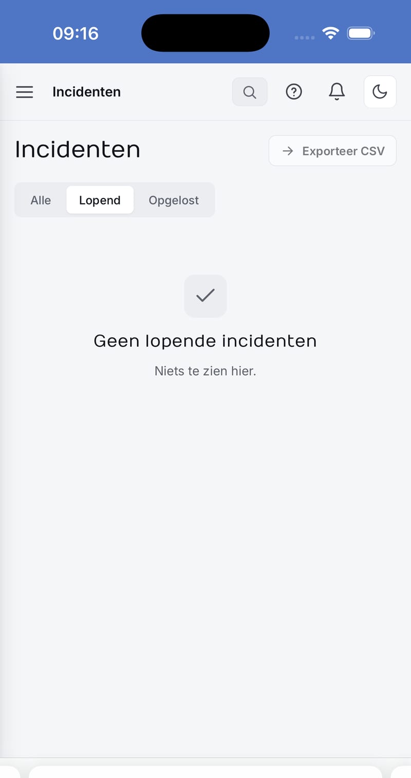 Incidenten met tijdlijn op je telefoon Incidentenoverzicht op mobiel met tabs voor lopende en opgeloste storingen