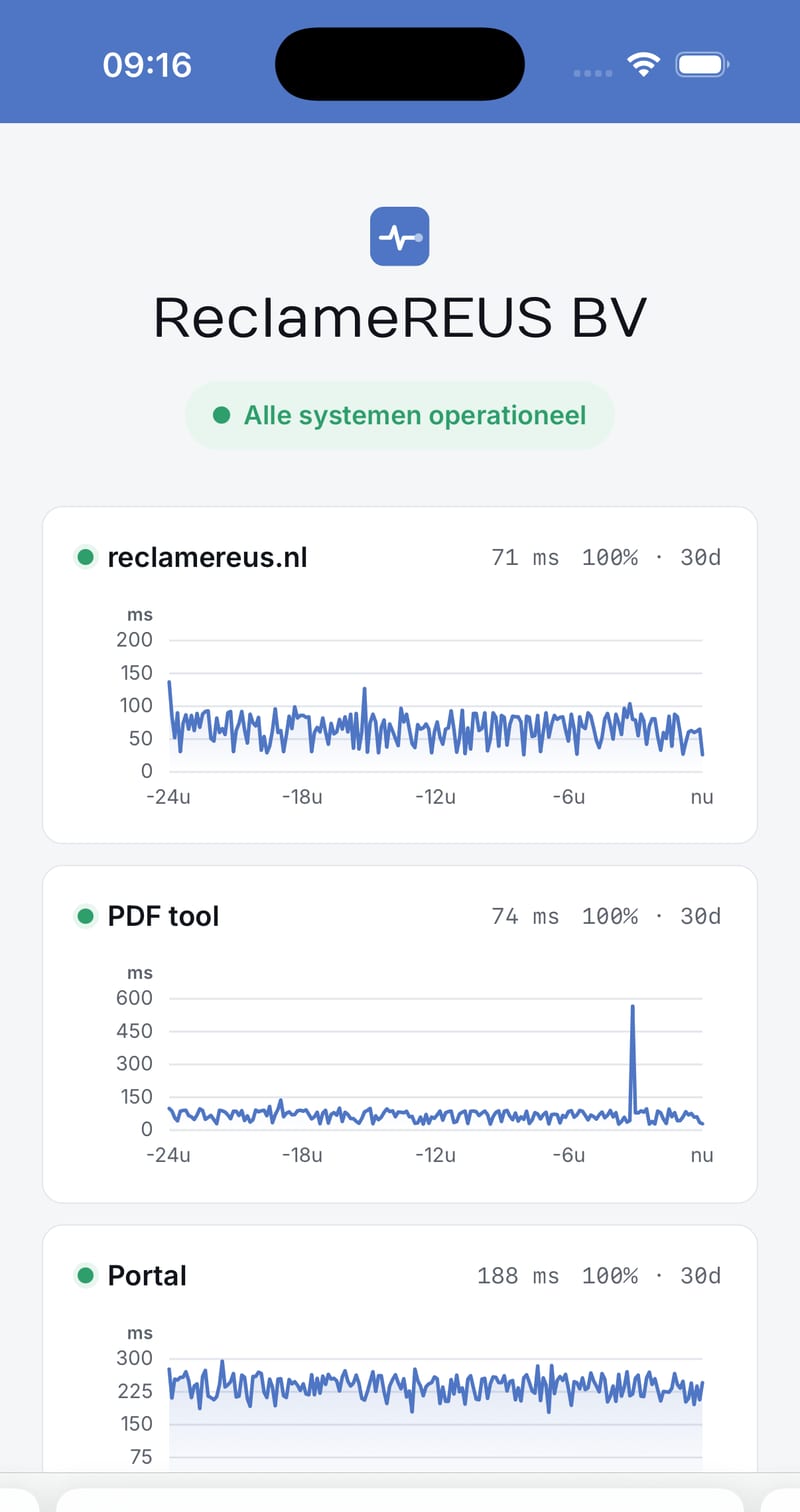 Deelbare statuspagina op je telefoon Deelbare statuspagina op mobiel met live uptime en responstijd per dienst